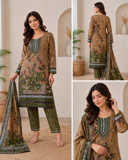 2 Pcs Women's Stitched Linen Block Printed Shirt And Trouser