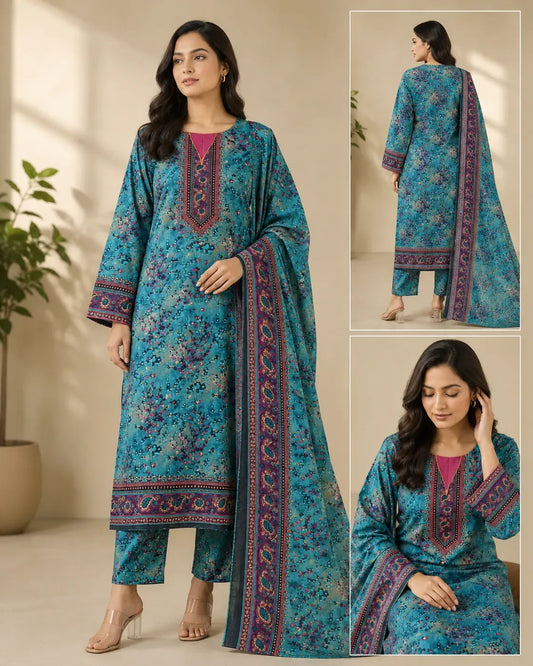 2 Pcs Women's Stitched Linen Block Printed Shirt And Trouser